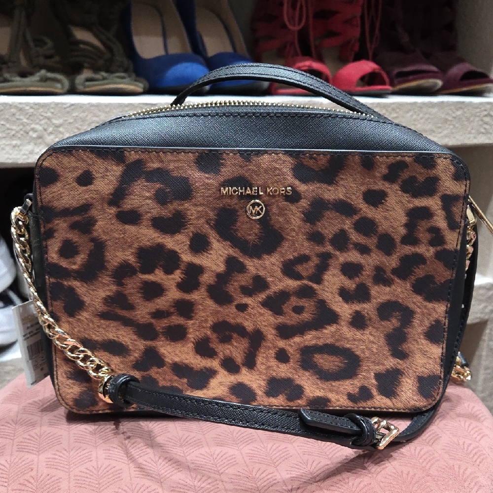 Michael Kors Brown and Black Crossbody Bag with Leopard Print